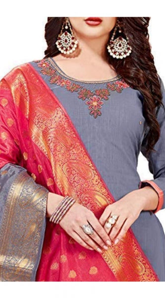Mayawye Women's Slub Cotton Unstitched Salwar-Suit Material With Dupatta (Grey, 2 Mtr)