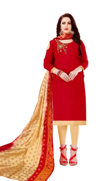 Mayawye Women's Slub Cotton Unstitched Salwar-Suit Material With Dupatta (Red, 2 Mtr)