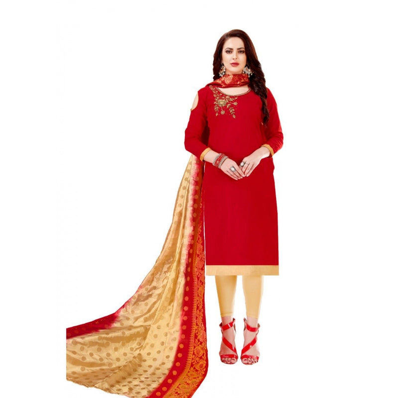 Mayawye Women's Slub Cotton Unstitched Salwar-Suit Material With Dupatta (Red, 2 Mtr)