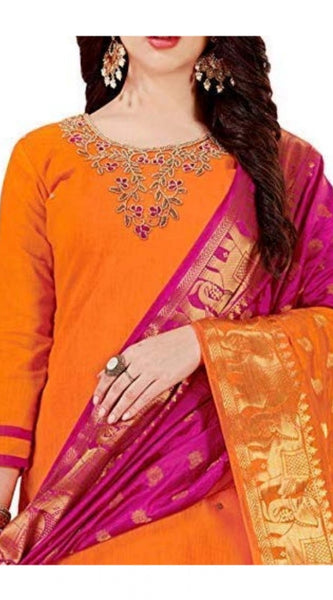 Mayawye Women's Slub Cotton Unstitched Salwar-Suit Material With Dupatta (Orange, 2 Mtr)