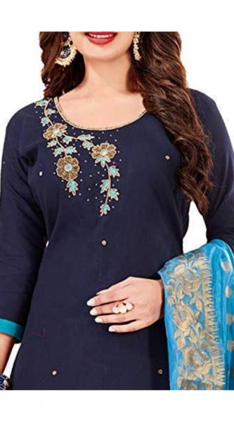 Mayawye Women's Slub Cotton Unstitched Salwar-Suit Material With Dupatta (Navy Blue, 2 Mtr)