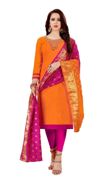 Mayawye Women's Slub Cotton Unstitched Salwar-Suit Material With Dupatta (Orange, 2 Mtr)