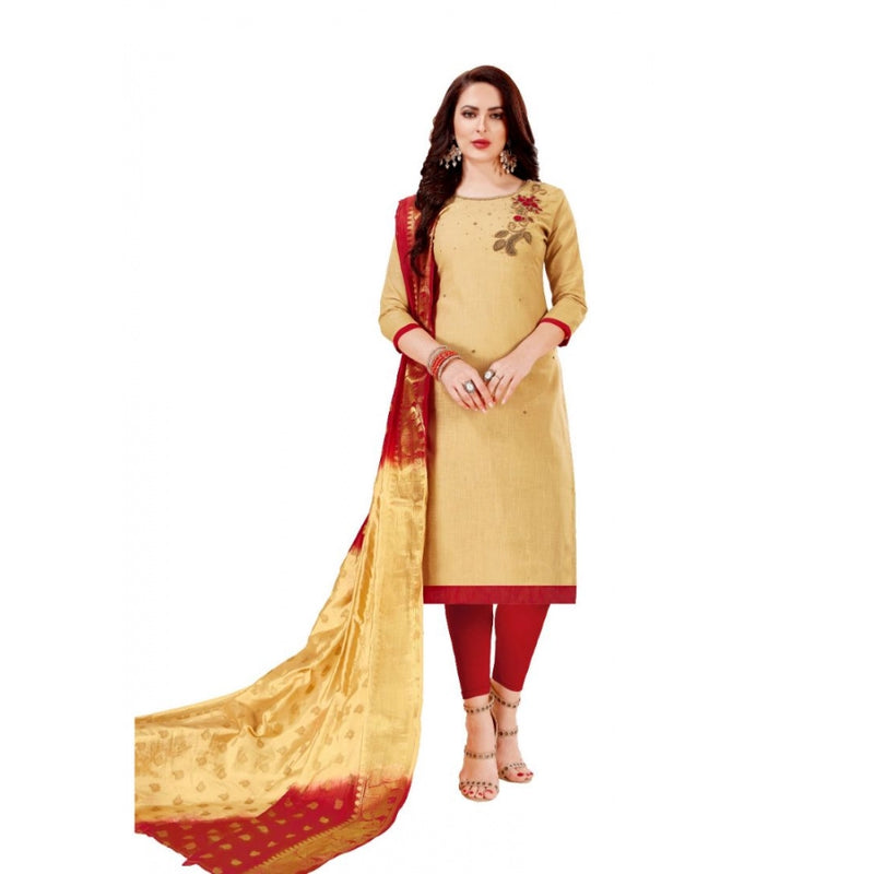 Mayawye Women's Slub Cotton Unstitched Salwar-Suit Material With Dupatta (Beige, 2 Mtr)