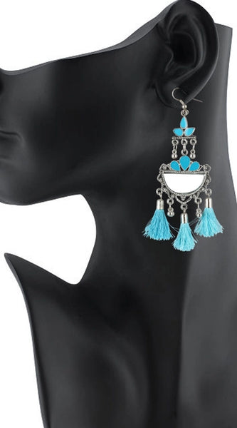 Mayawye Women's Oxidized Silver plated Firoji Tassels Earrings-silver, Blue