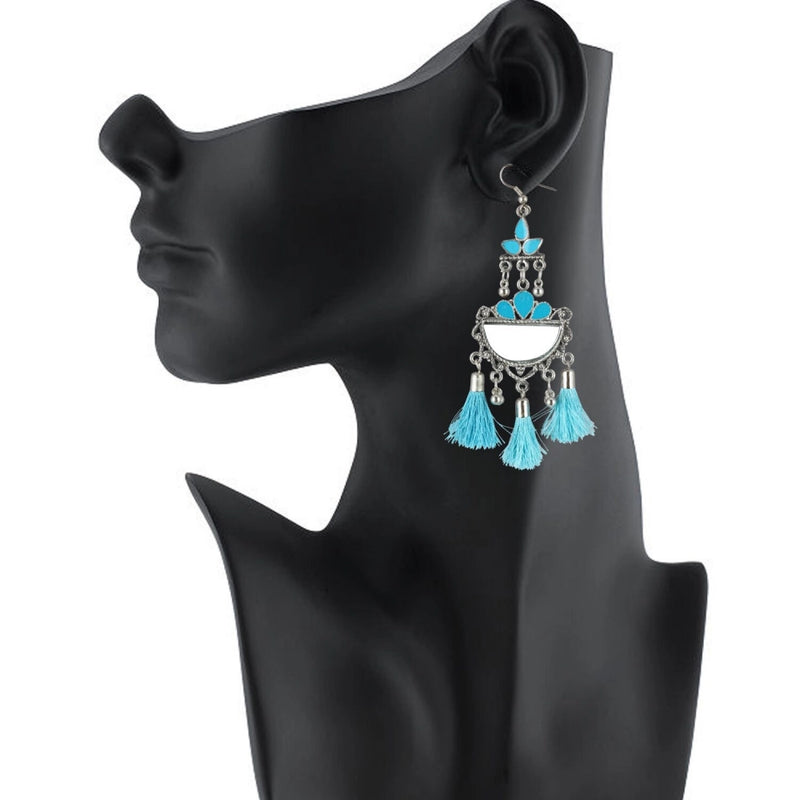 Mayawye Women's Oxidized Silver plated Firoji Tassels Earrings-silver, Blue