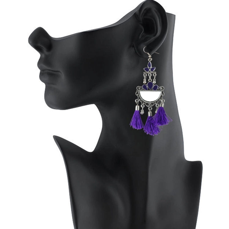 Mayawye Women's Silver Plated Afgani Tassel Earrings-Purple