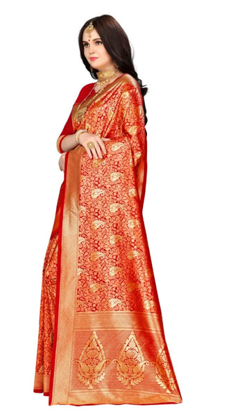 Mayawye Women's Banarasi silk Saree with Blouse (Red, 5-6mtr)
