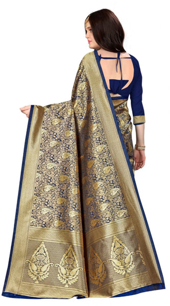 Mayawye Women's Banarasi silk Saree with Blouse (Navy blue, 5-6mtr)