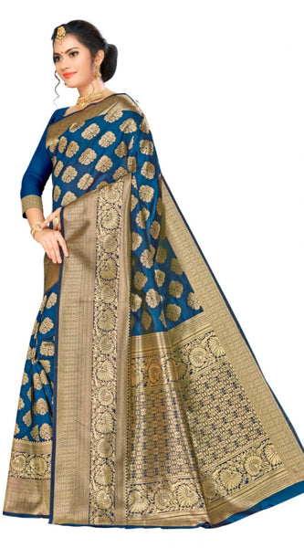 Mayawye Women's Banarasi silk Saree with Blouse (Navy blue, 5-6mtr)