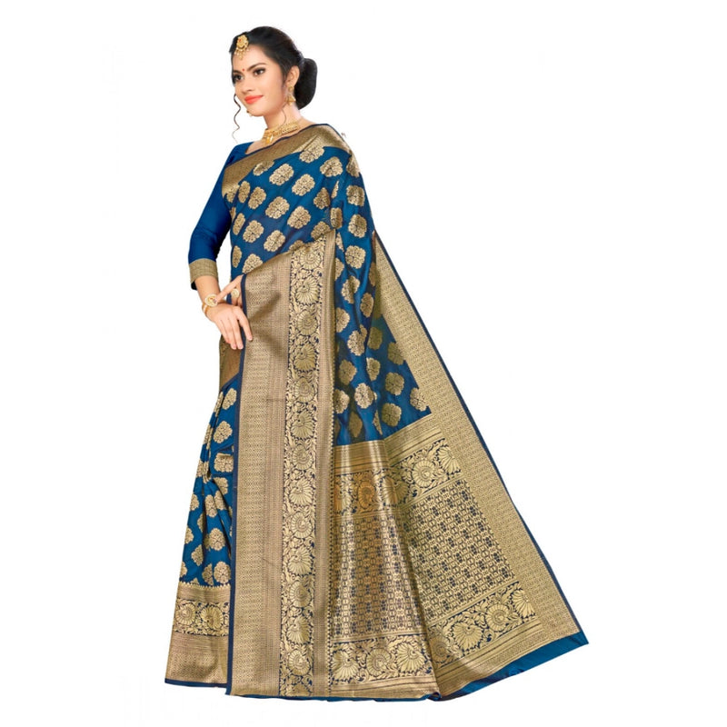 Mayawye Women's Banarasi silk Saree with Blouse (Navy blue, 5-6mtr)