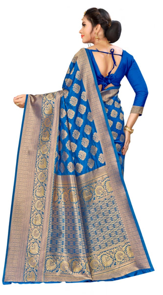 Mayawye Women's Banarasi silk Saree with Blouse (Blue, 5-6mtr)