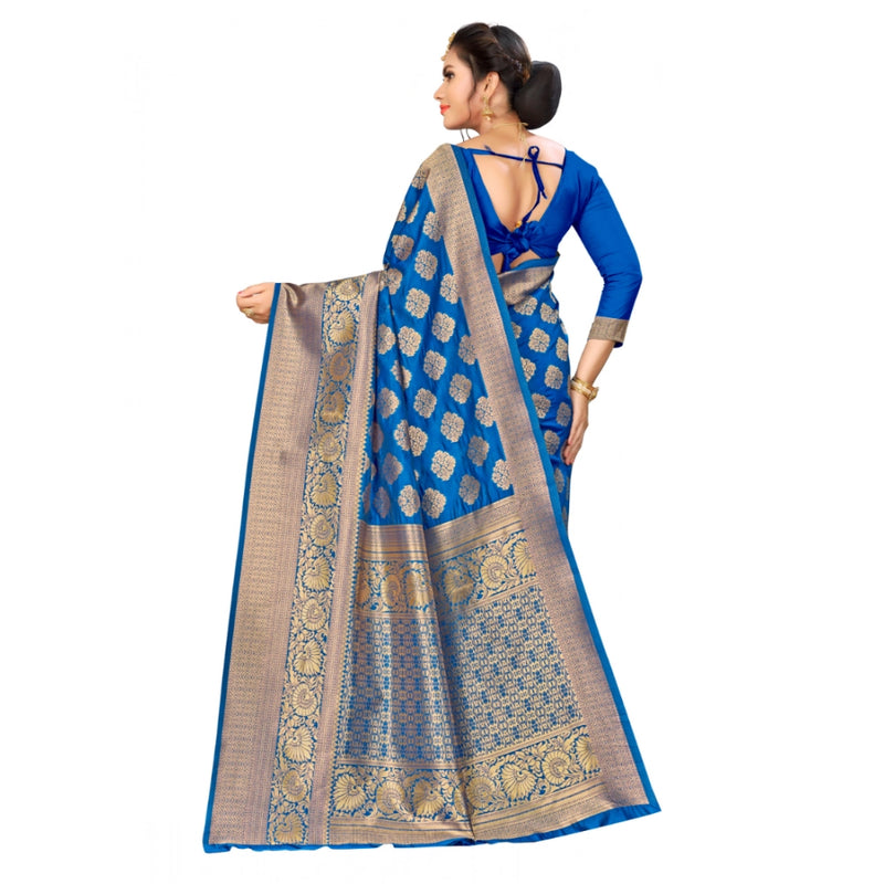 Mayawye Women's Banarasi silk Saree with Blouse (Blue, 5-6mtr)