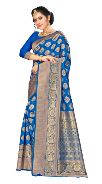 Mayawye Women's Banarasi silk Saree with Blouse (Blue, 5-6mtr)