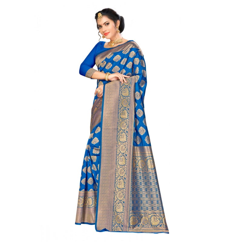 Mayawye Women's Banarasi silk Saree with Blouse (Blue, 5-6mtr)