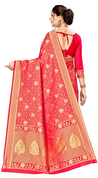 Mayawye Women's Banarasi silk Saree with Blouse (Red, 5-6mtr)
