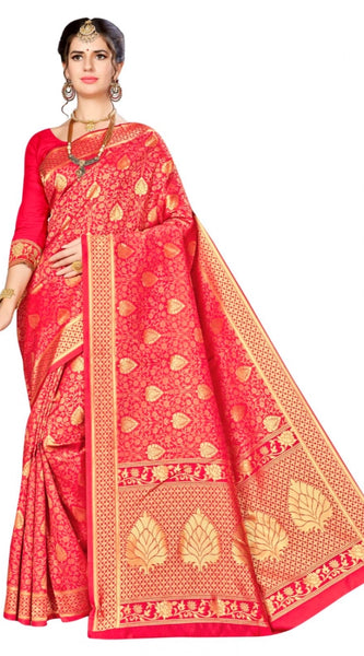 Mayawye Women's Banarasi silk Saree with Blouse (Red, 5-6mtr)