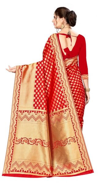 Mayawye Women's Banarasi silk Saree with Blouse (Red, 5-6mtr)