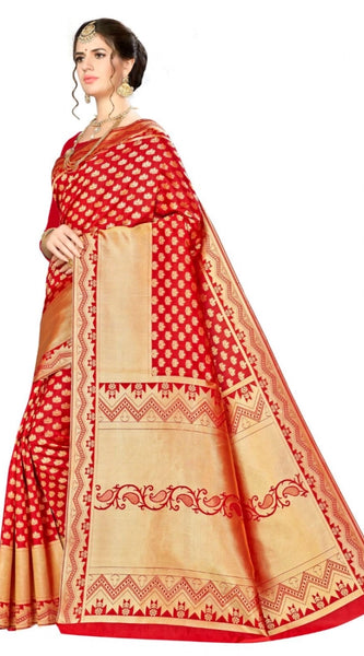 Mayawye Women's Banarasi silk Saree with Blouse (Red, 5-6mtr)