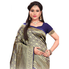 Mayawye Women's Banarasi silk Saree with Blouse (Navy blue, 5-6mtr)