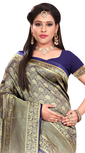 Mayawye Women's Banarasi silk Saree with Blouse (Navy blue, 5-6mtr)