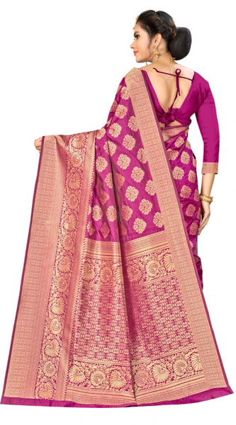 Mayawye Women's Banarasi silk Saree with Blouse (Wine, 5-6mtr)