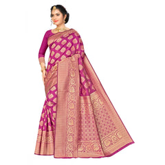 Mayawye Women's Banarasi silk Saree with Blouse (Wine, 5-6mtr)