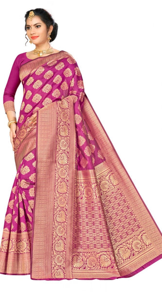 Mayawye Women's Banarasi silk Saree with Blouse (Wine, 5-6mtr)