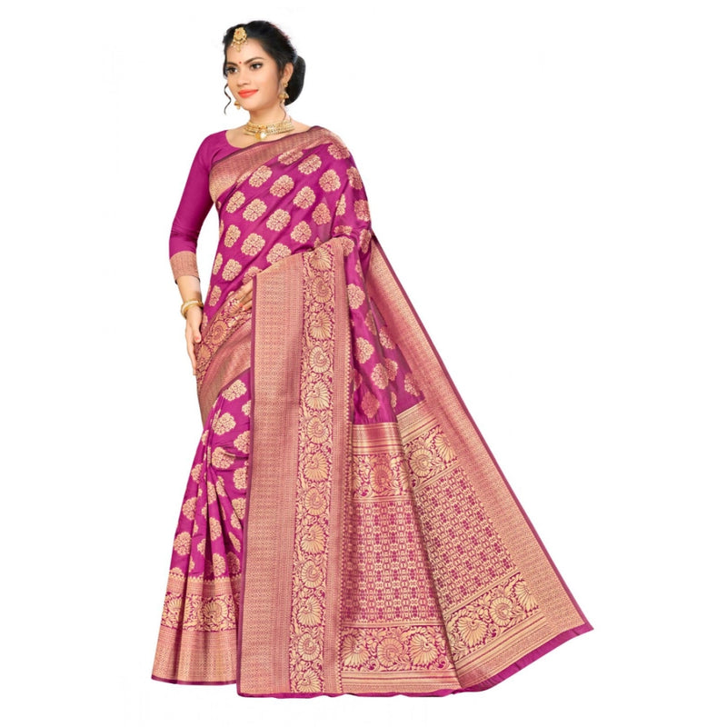 Mayawye Women's Banarasi silk Saree with Blouse (Wine, 5-6mtr)