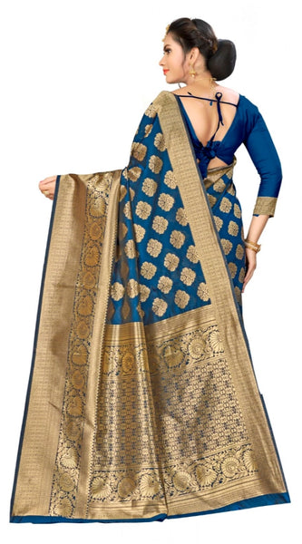 Mayawye Women's Banarasi silk Saree with Blouse (Navy blue, 5-6mtr)