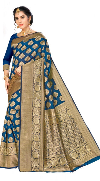 Mayawye Women's Banarasi silk Saree with Blouse (Navy blue, 5-6mtr)