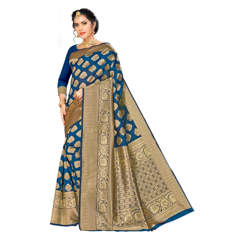 Mayawye Women's Banarasi silk Saree with Blouse (Navy blue, 5-6mtr)
