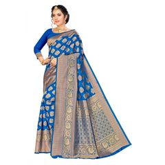 Mayawye Women's Banarasi silk Saree with Blouse (Blue, 5-6mtr)