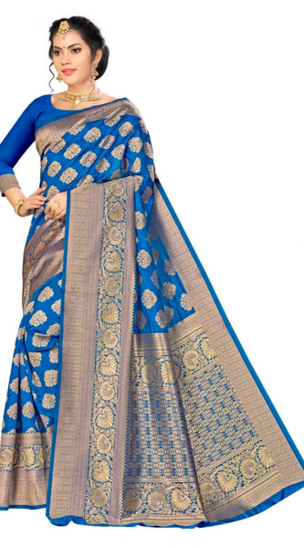Mayawye Women's Banarasi silk Saree with Blouse (Blue, 5-6mtr)
