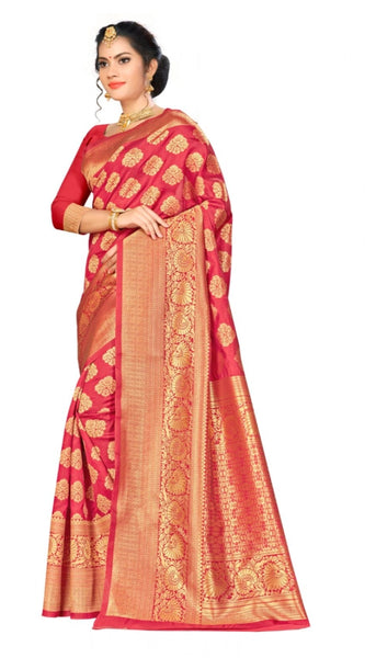 Mayawye Women's Banarasi silk Saree with Blouse (Red, 5-6mtr)