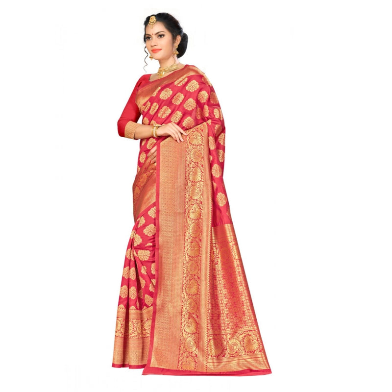 Mayawye Women's Banarasi silk Saree with Blouse (Red, 5-6mtr)