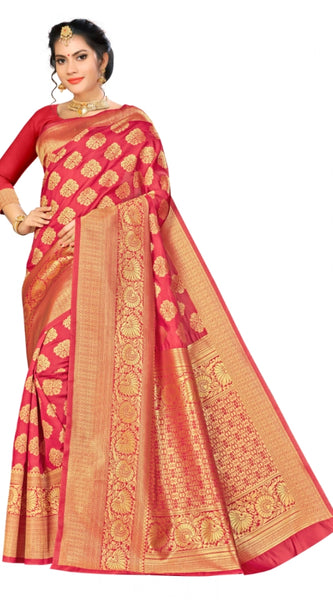 Mayawye Women's Banarasi silk Saree with Blouse (Red, 5-6mtr)