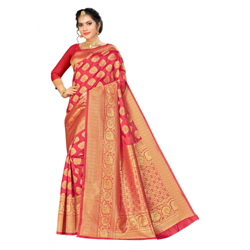 Mayawye Women's Banarasi silk Saree with Blouse (Red, 5-6mtr)