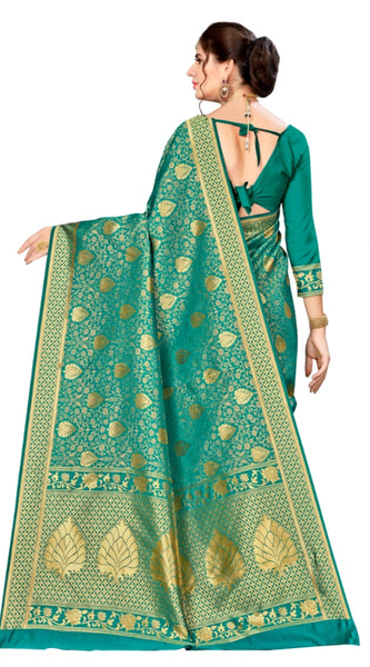 Mayawye Women's Banarasi silk Saree with Blouse (Green, 5-6mtr)