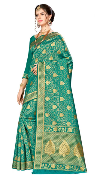 Mayawye Women's Banarasi silk Saree with Blouse (Green, 5-6mtr)