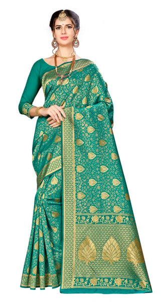Mayawye Women's Banarasi silk Saree with Blouse (Green, 5-6mtr)