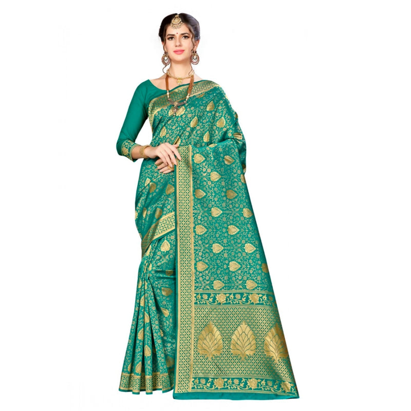 Mayawye Women's Banarasi silk Saree with Blouse (Green, 5-6mtr)
