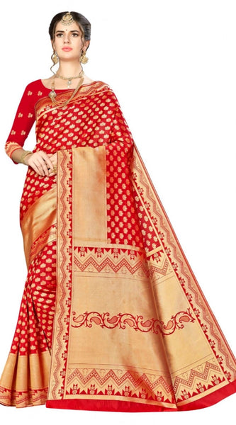 Mayawye Women's Banarasi silk Saree with Blouse (Red, 5-6mtr)