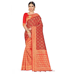 Mayawye Women's Banarasi silk Saree with Blouse (Red,black, 5-6mtr)