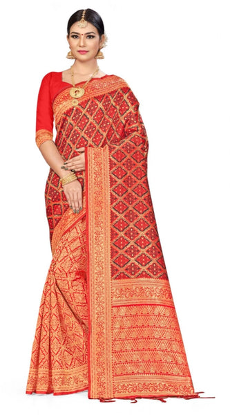 Mayawye Women's Banarasi silk Saree with Blouse (Red,black, 5-6mtr)