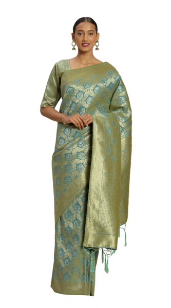 Mayawye Women's Banarasi silk Saree with Blouse (Sky blue, 5-6mtr)