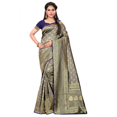 Mayawye Women's Banarasi silk Saree with Blouse (Navy blue, 5-6mtr)