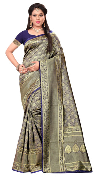 Mayawye Women's Banarasi silk Saree with Blouse (Navy blue, 5-6mtr)