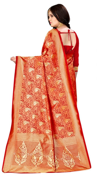 Mayawye Women's Banarasi silk Saree with Blouse (Red, 5-6mtr)