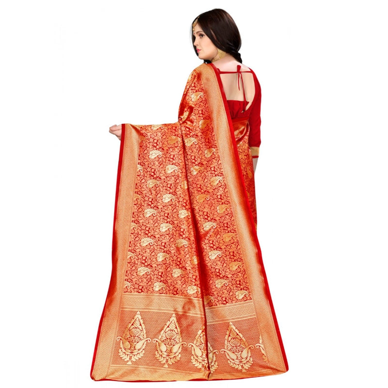Mayawye Women's Banarasi silk Saree with Blouse (Red, 5-6mtr)