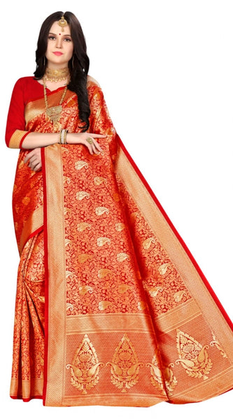 Mayawye Women's Banarasi silk Saree with Blouse (Red, 5-6mtr)